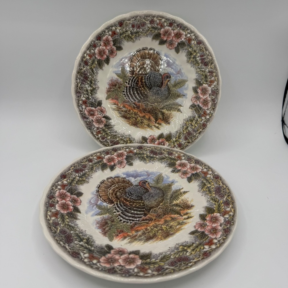 Churchill Queens Myott Factory Thanksgiving Turkey 8" Side Salad Plates lot 2